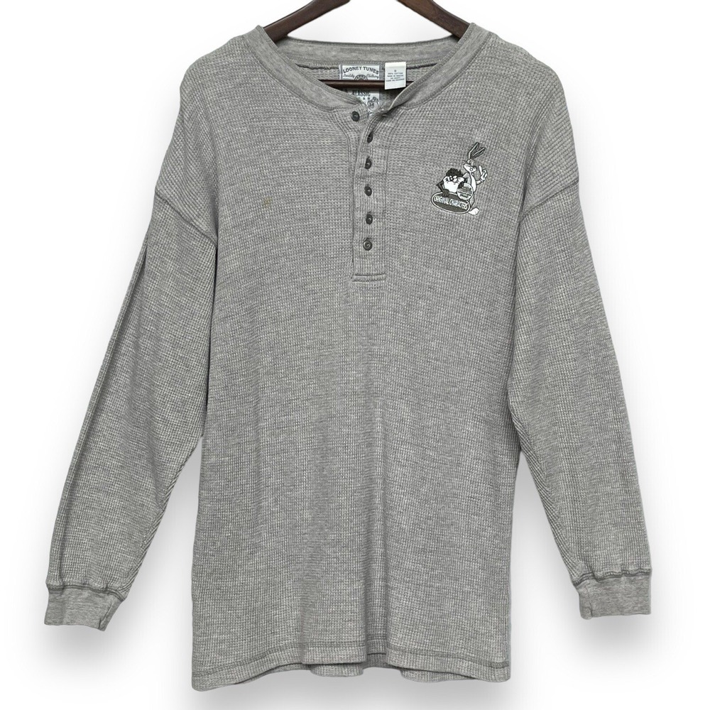 Vintage Looney Tunes Henley Shirt Mens Small Gray Waffle Knit Bugs Bunny Taz 90s